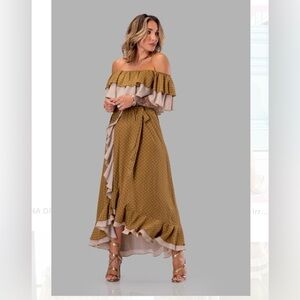 By Egreis Irina Dress Ruffle Off Shoulder Striped Gold Polka Dot Maxi Dress